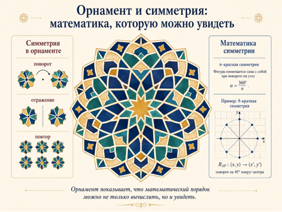 Орнамент и симметрия как пример «видимой математики». Авторская иллюстрация, подготовленная с помощью цифрового помощника; центральный мотив является оригинальной стилизацией, вдохновлённой принципами исламской геометрической орнаментики, но не копирует конкретный исторический объект. Научная основа: исследования геометрических орнаментов и их математического моделирования [6, 7]