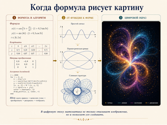 От формулы и алгоритма к цифровому изображению. Авторская иллюстрация, подготовленная с помощью цифрового помощника: математическая формула, координаты, преобразование и псевдокод показаны как этапы генерации визуальной формы. Цифровой образ является оригинальной генеративной стилизацией; концептуальная основа: генеративное искусство как правило-ориентированная визуальная практика [9]