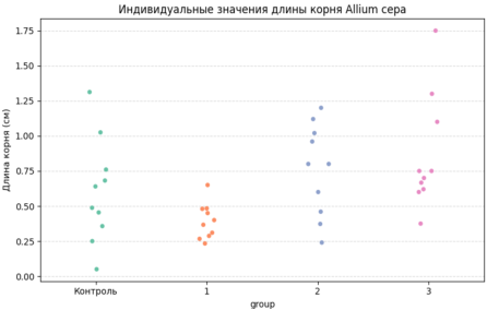 Индивидуальные значения длины корней Allium cepa